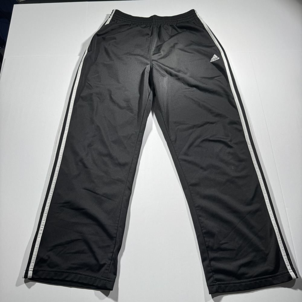 Adidas Pants Youth Large (26x27) Black White Striped Track Drawstring Logo Nylon